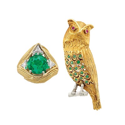 Lot 90 - Gold, Green Glass and Diamond Ring and Gold, Emerald and Ruby Owl Pin