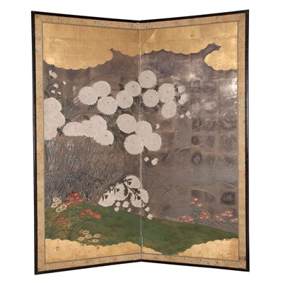 Lot 236 - Japanese Painted Two-Panel Screen Height 6...