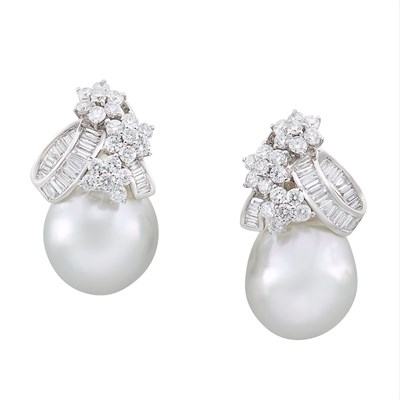 Lot 471 - Pair of White Gold, Semi-Baroque South Sea Cultured Pearl and Diamond Earrings