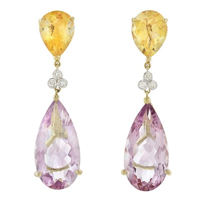 Lot 250 - Pair of Gold, Amethyst, Citrine and Diamond Pendant-Earrings