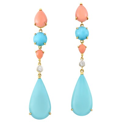 Lot 181 - Pair of Gold, Coral, Composite Turquoise and Diamond Pendant-Earclips