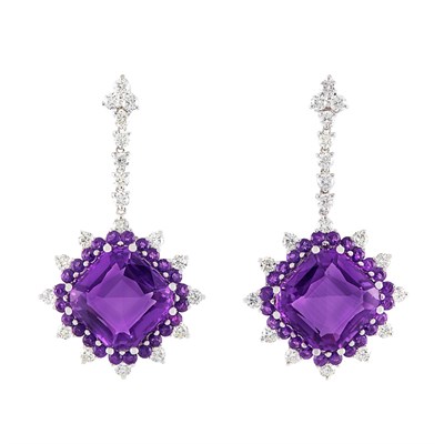 Lot 260 - Pair of White Gold, Diamond and Amethyst Pendant-Earrings