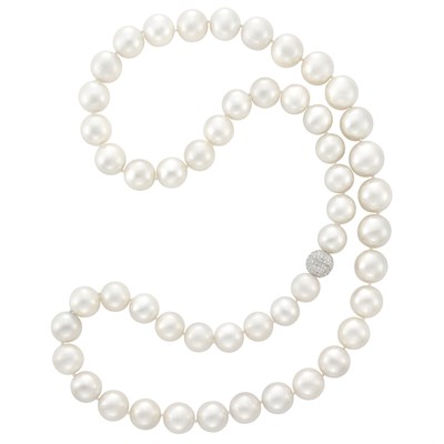 Lot 473 - Long South Sea Cultured Pearl Necklace with White Gold and Diamond Ball Clasp