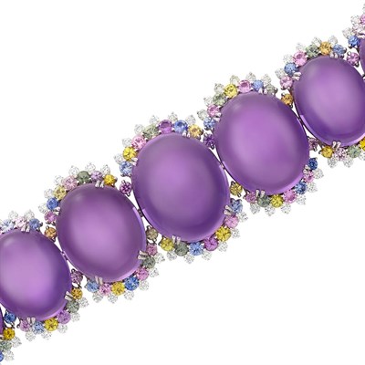 Lot 140 - Wide White Gold, Cabochon Amethyst, Diamond and Multicolored Sapphire Bracelet