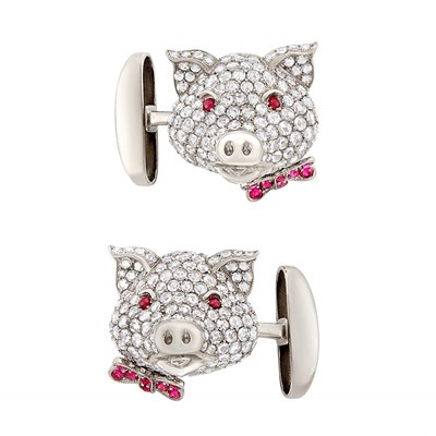 Lot 82 - Pair of White Gold, Diamond and Ruby Pig Cufflinks
