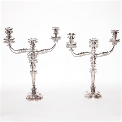 Lot 424 - Pair of Sheffield Plated Three-Light...