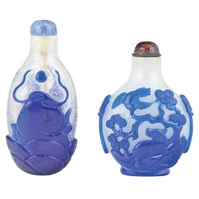 Lot 175 - Two Chinese Blue Overlay Glass Snuff Bottles...