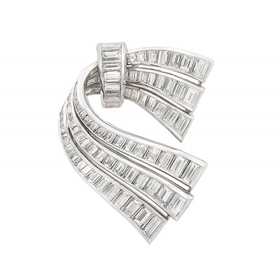 Lot 464 - Platinum and Diamond Ribbon Pendant-Brooch