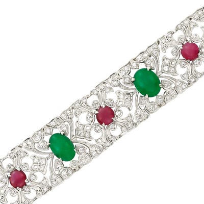 Lot 356 - Platinum, Diamond, Cabochon Emerald and Ruby and Emerald Bracelet