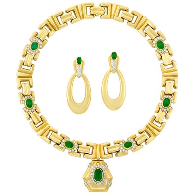 Lot 20 - Gold, Cabochon Emerald and Diamond Pendant-Necklace, Boris LeBeau, and Pair of Hoop Pendant-Earrings