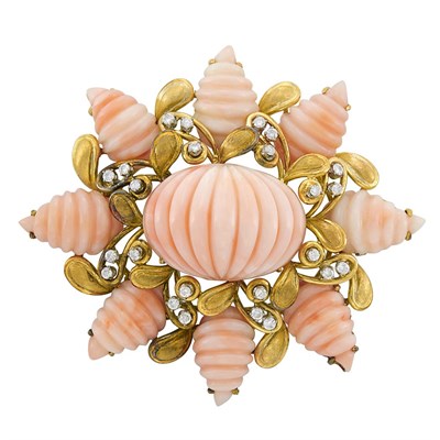 Lot 294 - Gold, Carved Angel Skin Coral and Diamond Clip-Brooch