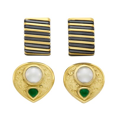 Lot 64 - Pair of Gold, Mabe Pearl and Cabochon Tourmaline Earclips and Gold and Oxidized Gold Hoop Earclips