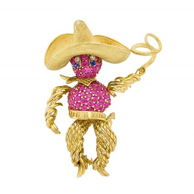 Lot 87 - Gold, Ruby and Sapphire Cowboy Clip-Brooch