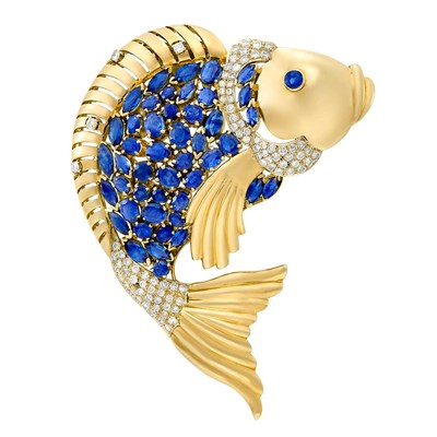 Lot 279 - Gold, Sapphire and Diamond Fish Clip-Brooch