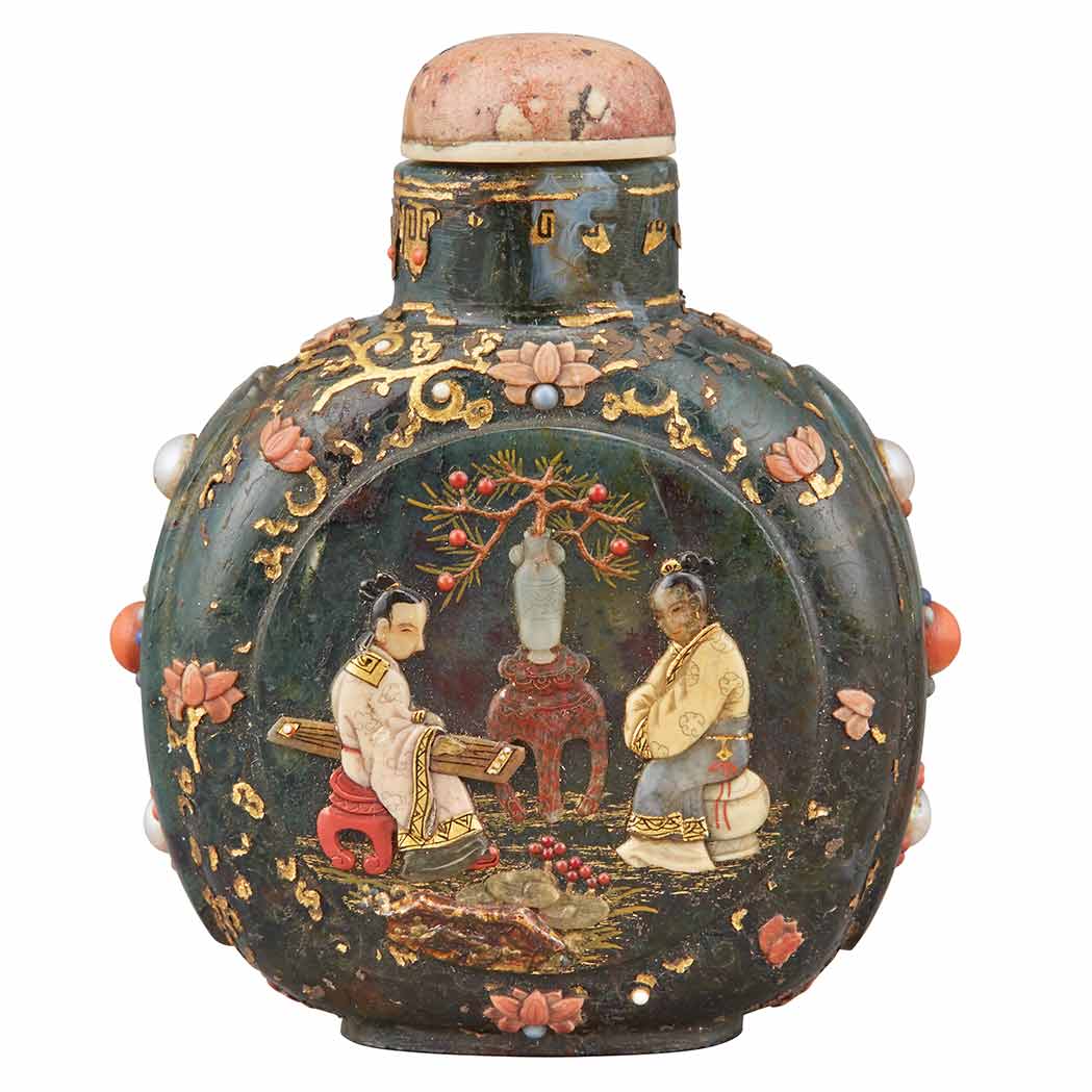 Lot 123 - Japanese Embellished Moss Agate Snuff Bottle...