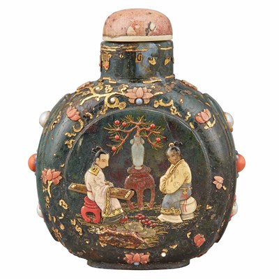 Lot 123 - Japanese Embellished Moss Agate Snuff Bottle...