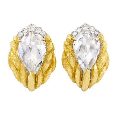 Lot 241 - Pair of Hammered Gold, Platinum, Rock Crystal and Diamond Earclips, David Webb