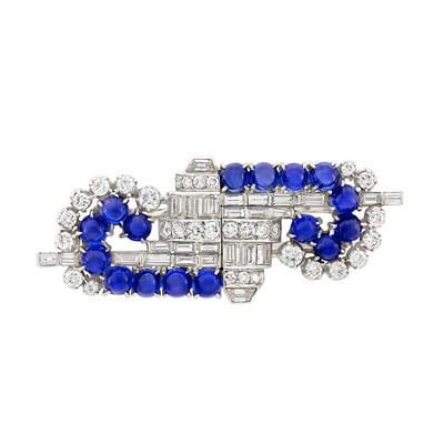 Lot 448 - Platinum, Diamond and Cabochon Sapphire Double Clip-Brooch