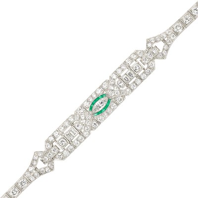 Lot 347 - Platinum, Diamond and Emerald Bracelet