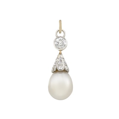 Lot 340 - Antique Platinum, Gold, Diamond and Natural Pearl Pendant