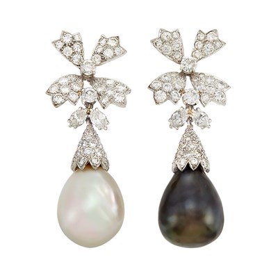 Lot 469 - Pair of Platinum, Gold, Diamond, South Sea Cultured Pearl and Gray Cultured Pearl Pendant-Earclips, David Webb