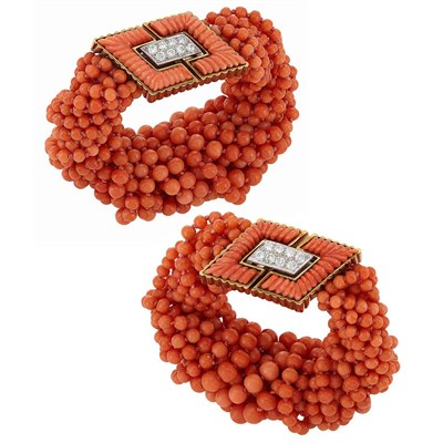 Lot 239 - Pair of Multistrand Coral Bead, Gold, Platinum, Fluted Coral and Diamond Torsade Bracelets, Tiffany & Co