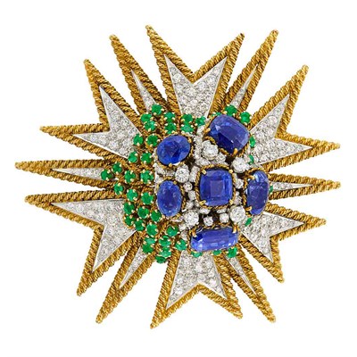 Lot 416 - Gold, Platinum, Sapphire, Diamond and Emerald Clip-Brooch, David Webb