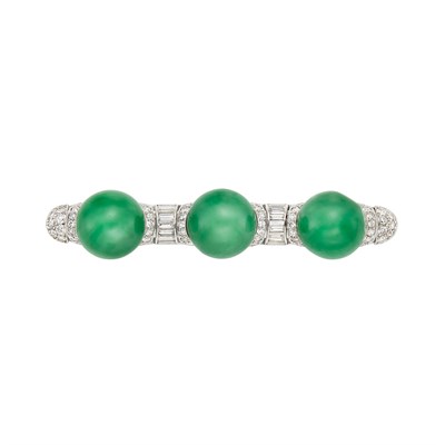 Lot 331 - Platinum, Jade Bead and Diamond Bar Brooch, Spaulding-Gorham Inc.