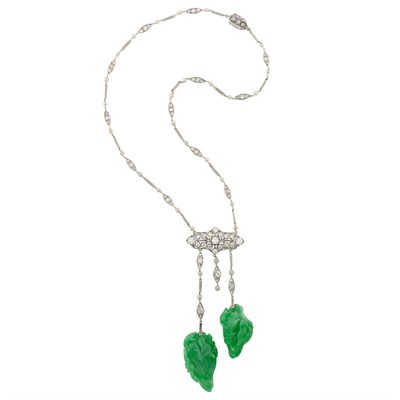 Lot 333 - Platinum, Diamond, Seed Pearl and Carved Jade Pendant-Necklace