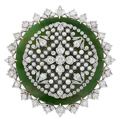 Lot 95 - Platinum, White Gold, Nephrite, Diamond and Pearl Pendant-Brooch