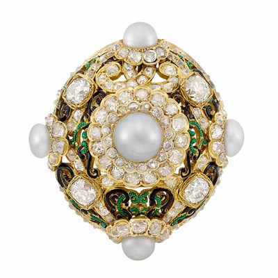 Lot 41 - Antique Gold, Natural Button Pearl, Diamond and Enamel Brooch