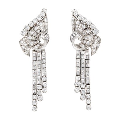 Lot 449 - Pair of Platinum and Diamond Pendant-Earclips/Clips Combination