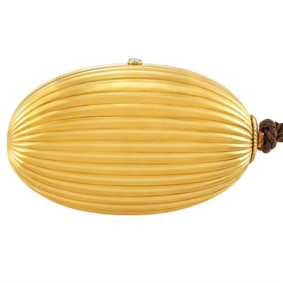 Lot 288 - Gold and Diamond 'Melone' Evening Bag with Fitted Brown Suede Case and  Brown Silk Tassel Cord, Bulgari