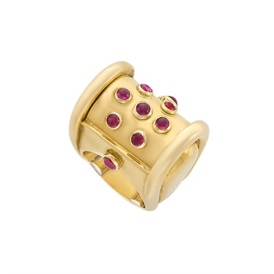 Lot 277 - Gold and Cabochon Ruby Ring-Watch, Cartier, France