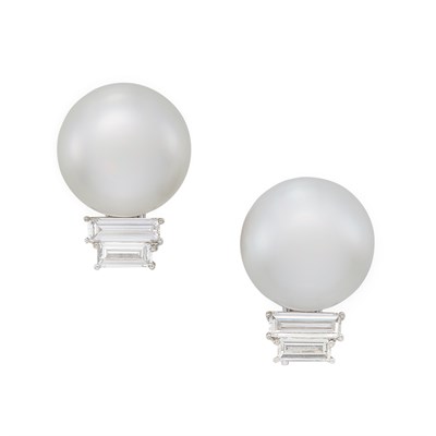 Lot 462 - Pair of White Gold, South Sea Cultured Button Pearl and Diamond Earclips