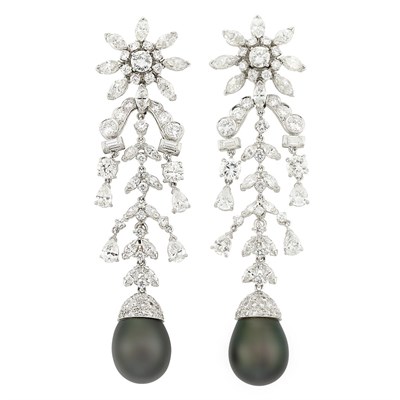 Lot 478 - Pair of Platinum, Diamond and Tahitian Black Cultured Pearl Pendant-Earrings