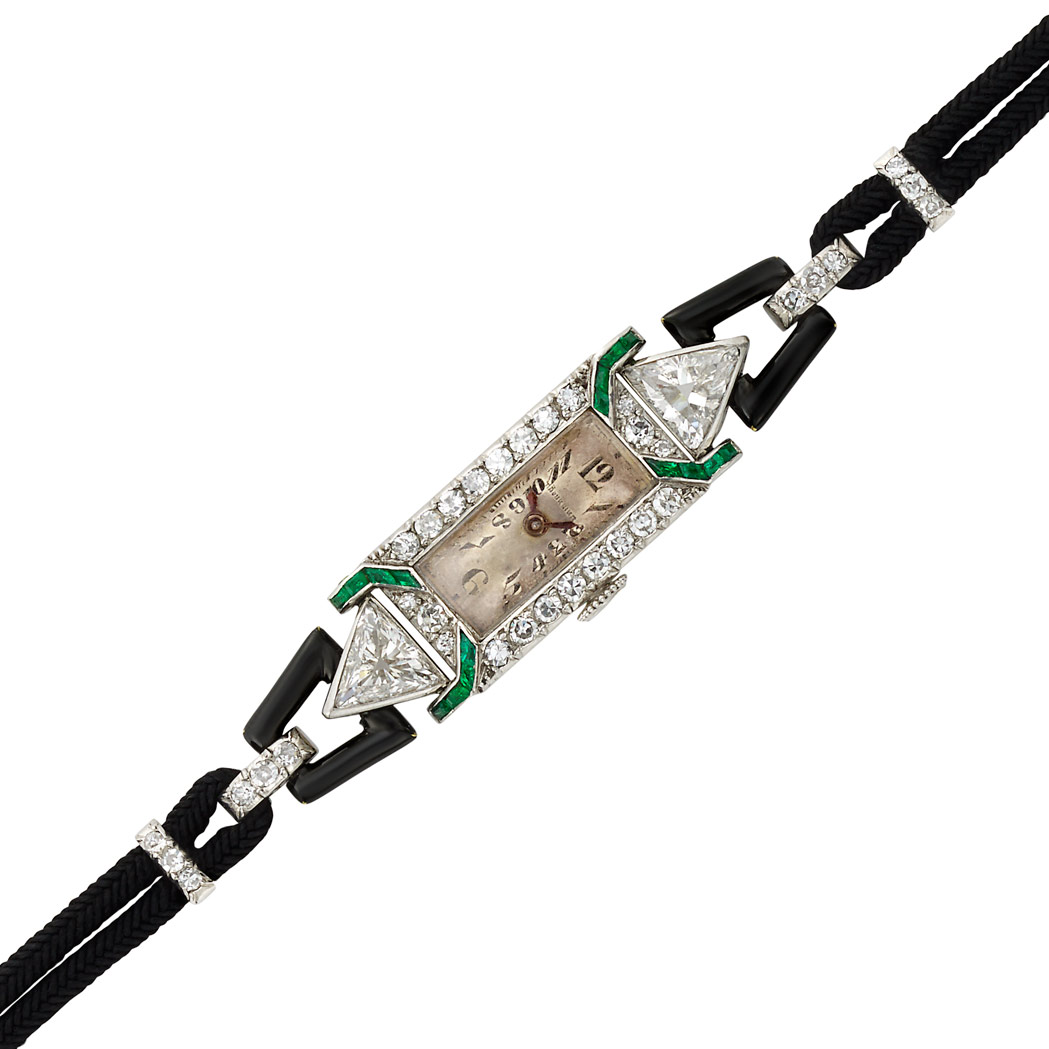 Lot 334 - Art Deco Lady's Platinum, Diamond, Emerald and Black Enamel Wristwatch, France