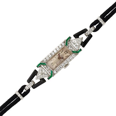 Lot 334 - Art Deco Lady's Platinum, Diamond, Emerald and Black Enamel Wristwatch, France