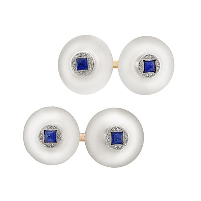 Lot 91 - Pair of Art Deco Frosted Rock Crystal, Platinum, Gold, Cabochon Sapphire and Diamond Cufflinks, France