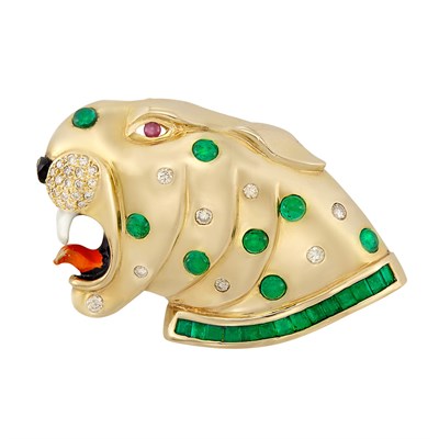 Lot 210 - Gold, Cabochon Emerald, Emerald, Diamond, Enamel and Cabochon Ruby Panther Head Pendant-Brooch