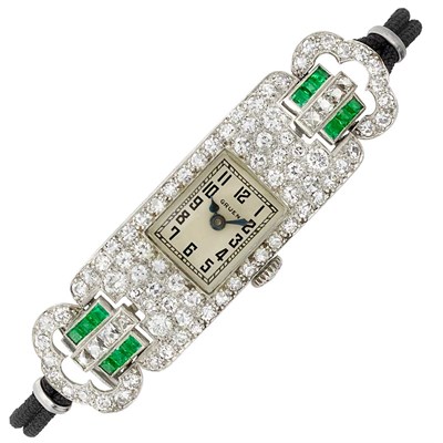 Lot 345 - Lady's Art Deco Platinum, Diamond and Emerald Wristwatch