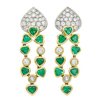 Lot 254 - Pair of Two-Color Gold, Diamond and Emerald Pendant-Earclips, Massoni