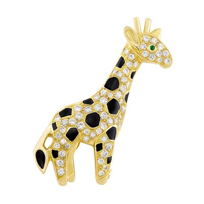Lot 383 - Gold, Diamond and Black Enamel Giraffe Clip-Brooch, Van Cleef & Arpels