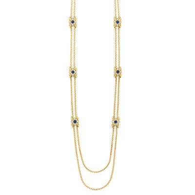 Lot 367 - Long Double Strand Gold, Cabochon Sapphire and Diamond Chain Necklace, Van Cleef & Arpels, France