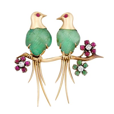 Lot 286 - Gold, Carved Emerald, Colored Stone and Diamond Love Bird Brooch