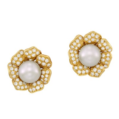 Lot 178 - Pair of Gold, South Sea Cultured Pearl and Diamond Flower Earclips, Giovane