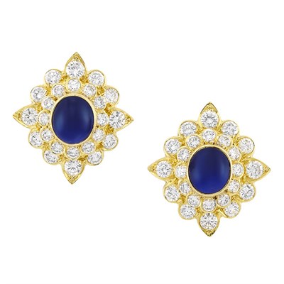 Lot 365 - Pair of Gold, Cabochon Sapphire and Diamond Earclips, Van Cleef & Arpels