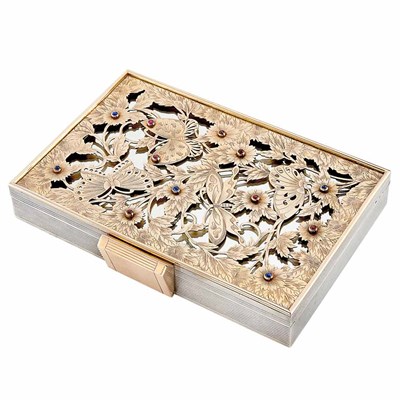 Lot 285 - Silver, Rose Gold and Cabochon Ruby and Sapphire Vanity with Black Felt Carrying Case, Boucheron, Paris