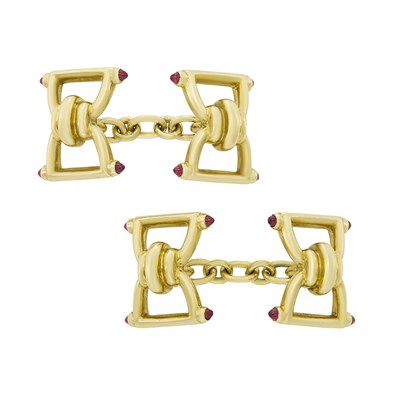 Lot 74 - Pair of Gold and Cabochon Ruby Stirrup Cufflinks, Cartier, London