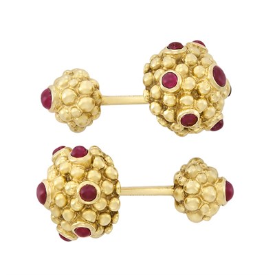 Lot 67 - Pair of Gold and Cabochon Ruby Cufflinks, Cartier